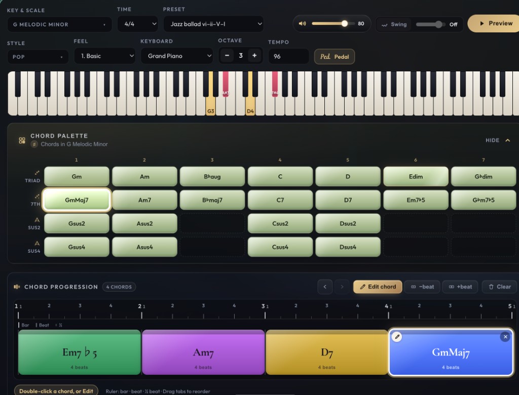 Chord Builder chord palette and progression timeline in G melodic minor
