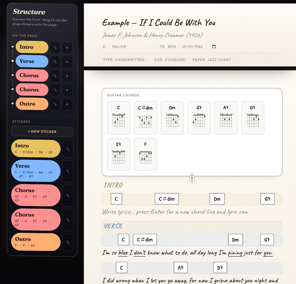 Lead Sheet Maker with song structure stickers, chord diagrams, and lyrics