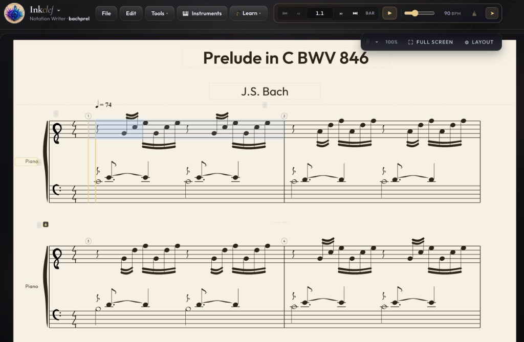 Notation Writer showing Bach’s Prelude in C BWV 846 on a piano grand staff